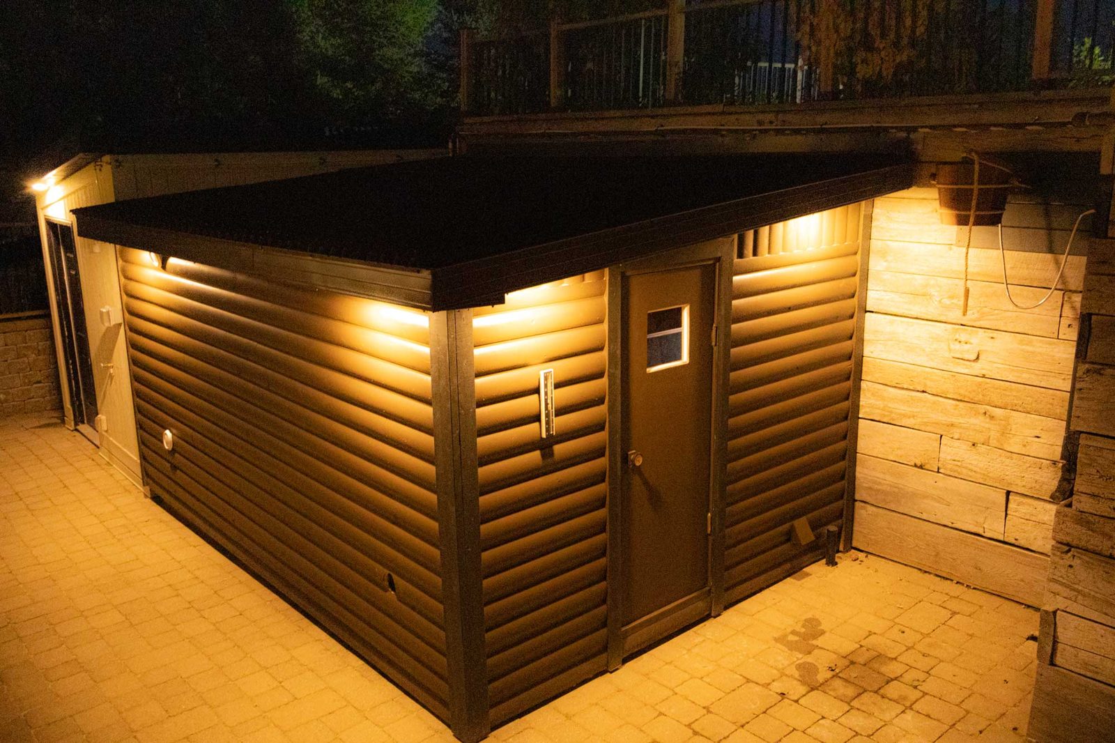 Completed sauna at Strathmere, lit at night